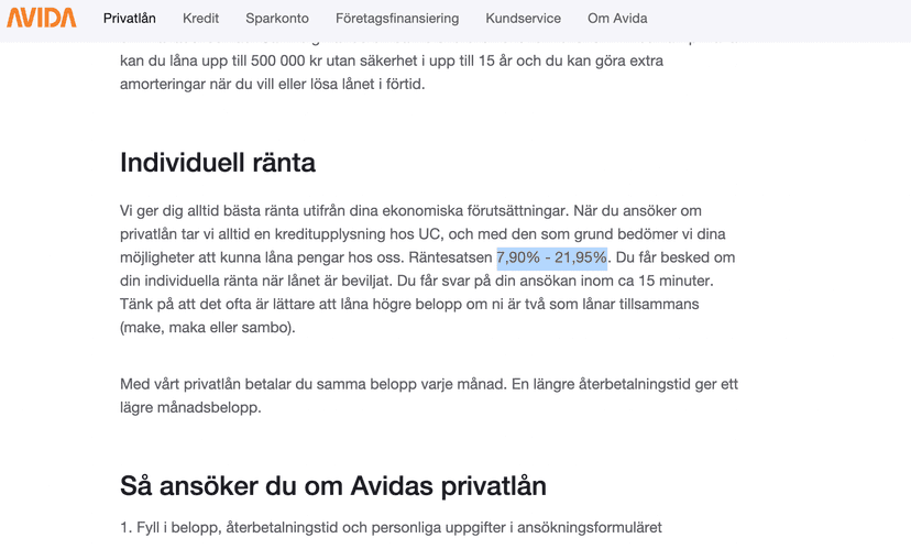 Avidas ränta 22 sept 2023