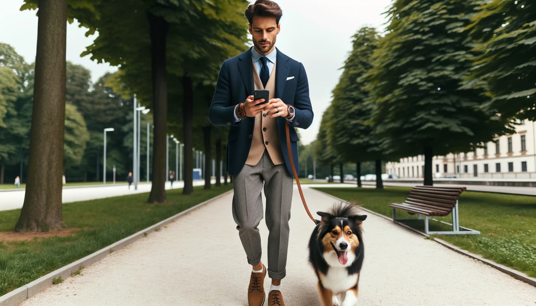 En man som är ute med sin hund och ansöker om ett lån utan uc från sin mobil.