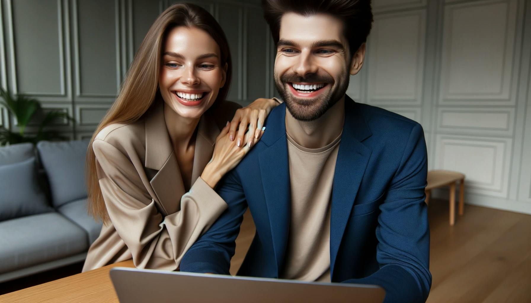 Ett par som sitter framför sin laptop och jämför billån på Loanbuddy.se, de är glada efter att de identifierat det bästa billånet för dem.
