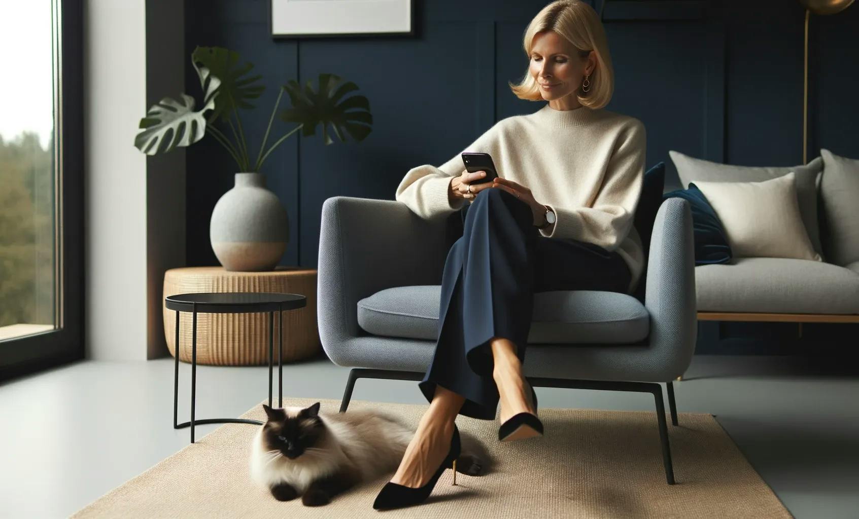 En kvinna som sitter i en fotölj och kontrollerar kraven för ett snabblån på sin mobiltelfon. Nedanfö fotöljen ligger hennes katt.