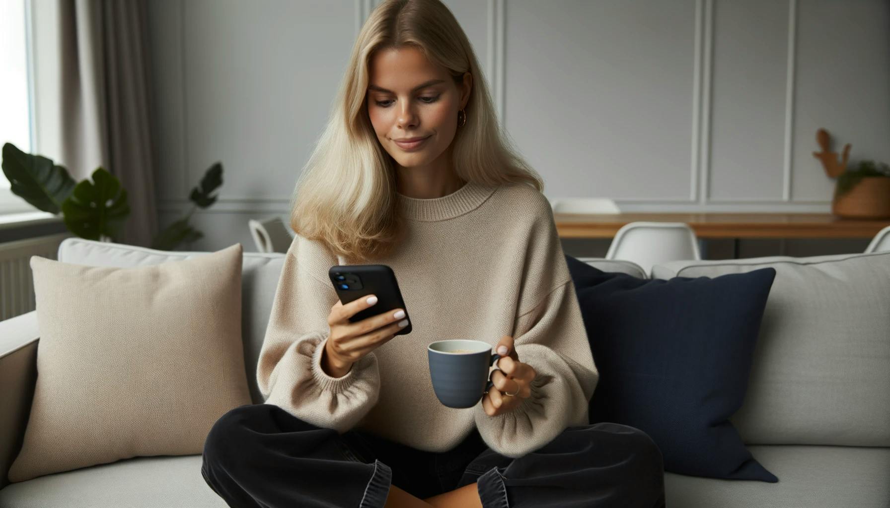 Kvinna som ansöker om ett sms-lån från mobilen medan hon dricker kaffe.